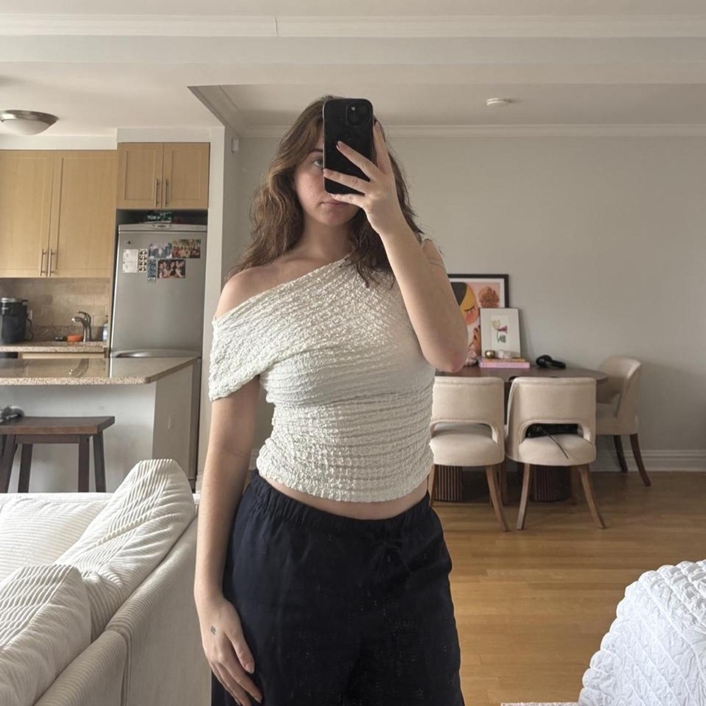 Zara Cream One-Shoulder Ruched Knit Top